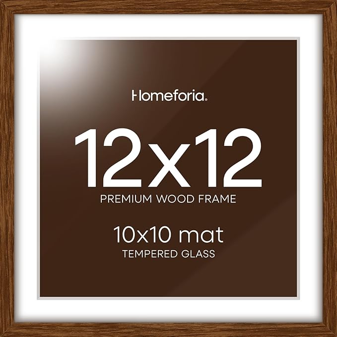 Homeforia 12x12 Frame Brown Wood, High End Dark Oak 12 x 12 Square Picture Frame with Mat 10 x 10 for Photo, 12by12 Wooden Walnut Poster Frame Matted to 10x10 Print, Tempered Glass, Wall Kit, Set of 1-Ruum Studio Home