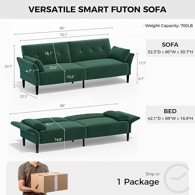 89” Futon Sofa Bed, Velvet Fabric Comfy Futon Couch Bed with 2 Square Pillows, Convertible Sleeper Sofa with Adjustable Backrest& Armrests, Modern Loveseat Sleeper for Living Room, Bedroom-Ruum Studio Home