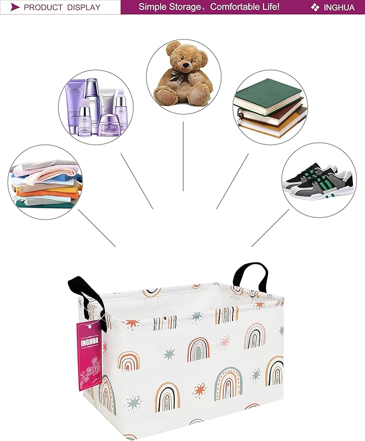 Rectangular Storage Basket Fabric Organizer Bin for Toys,Books,Clothes,Gifts,Pets-Perfect for Home,Office,Nursery,Dorm,Shelf(Rec-Star Rainbow )-Ruum Studio Home