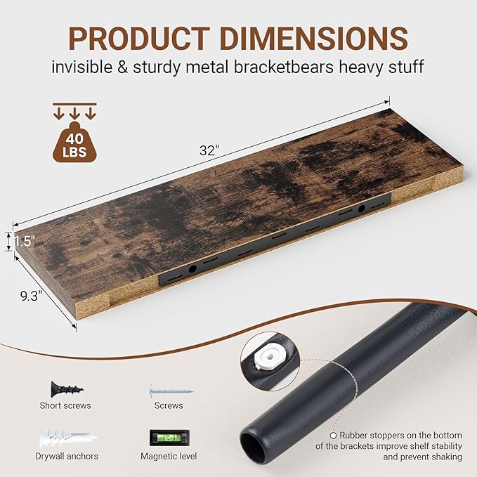 Heimlove 32 Inch Floating Shelves for Wall,Rustic Brown 9.3" Deep Floating Shelf Set of 2,Wall Mounted Shelves for Bathroom Bedroom Living Room Kitchen Office,Shelf for Books Storage Room,Home Decor-Ruum Studio Home