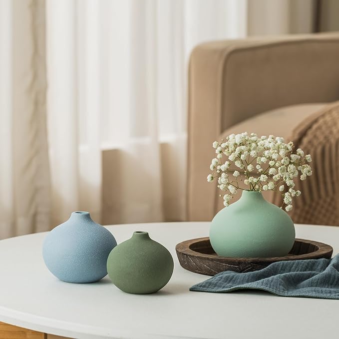 Ceramic Vase Set of 3, Mini Flower Vase for Home Decor, Modern Vase, Small Flower Vases for Dining Table Centerpieces,Living Room,Shelf,Mantel and Entryway Display-Ruum Studio Home