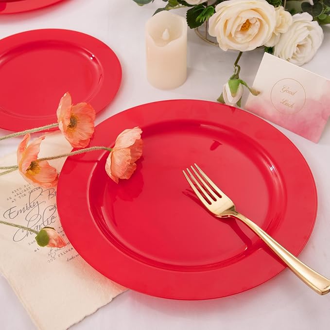 FLOWERCAT 60PCS Red Plastic Plates - Heavy Duty Red Plates Disposable for Party - Include 30PCS 10.25inch and 30PCS 7.5inch for 30 guests Party & Christmas & New Year-Ruum Studio Home