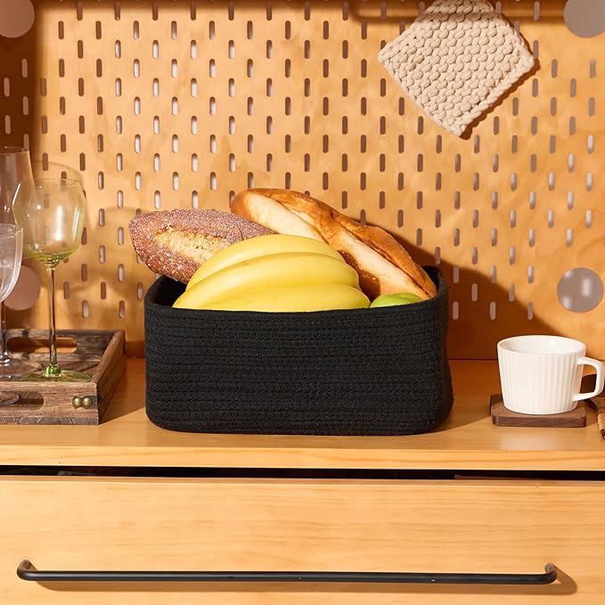 Small Storage Baskets for Organizing | Closet Organizer Bins | Shelf Toy Basket | Woven Rope Baskets | Cube Decorative Box | Shallow Basket | 11.5x7.5x4.7” | 4 Packs Black-Ruum Studio Home