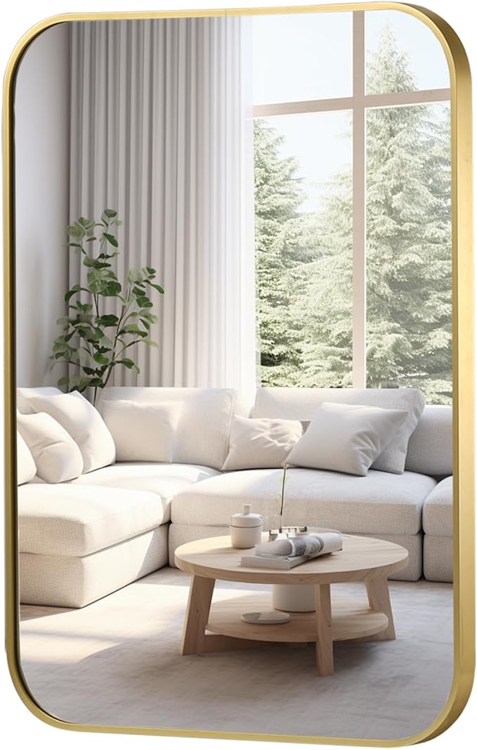 FARMER 22x30 Inch Gold Bathroom Mirror, Rectangle Vanity Mirror, Brushed Mirrors for Wall, Metal Frame Hanging Mirror with Round Corner for Bedrooms, Entryways, Living Rooms, Horizontal/Vertical-Ruum Studio Home