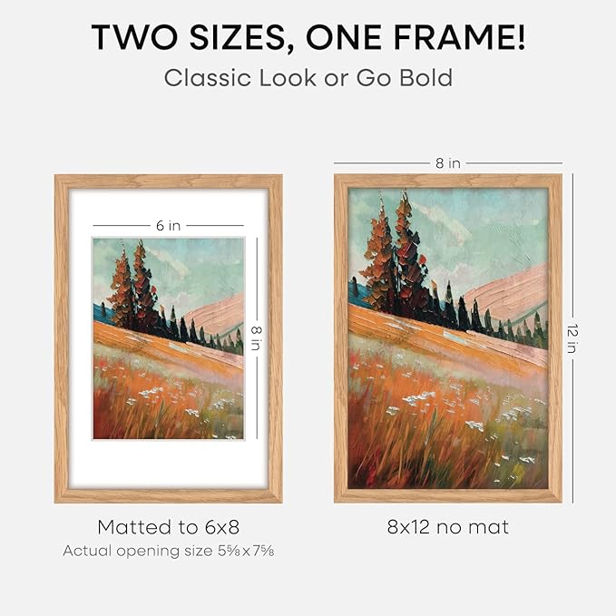 Homeforia 8x12 Picture Frame Wood, High End Natural Oak 8 x 12 Light Wooden Frames with Mat 6 by 8 inch Photo, 8by12 Frame Matted to 6x8 Art, Wall or Tabletop Frame, Tempered Glass, Wall Kit, Set of 1-Ruum Studio Home