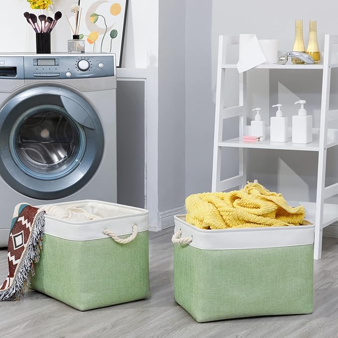 Bidtakay Baskets Fabric Closet Organizer Set of 2 Green Collapsible Storage Bins with Handles 16x12x12 in Large Decorative Tall Baskets for Shelves Nursery Baby Toys Storage Living Room Decor-Ruum Studio Home