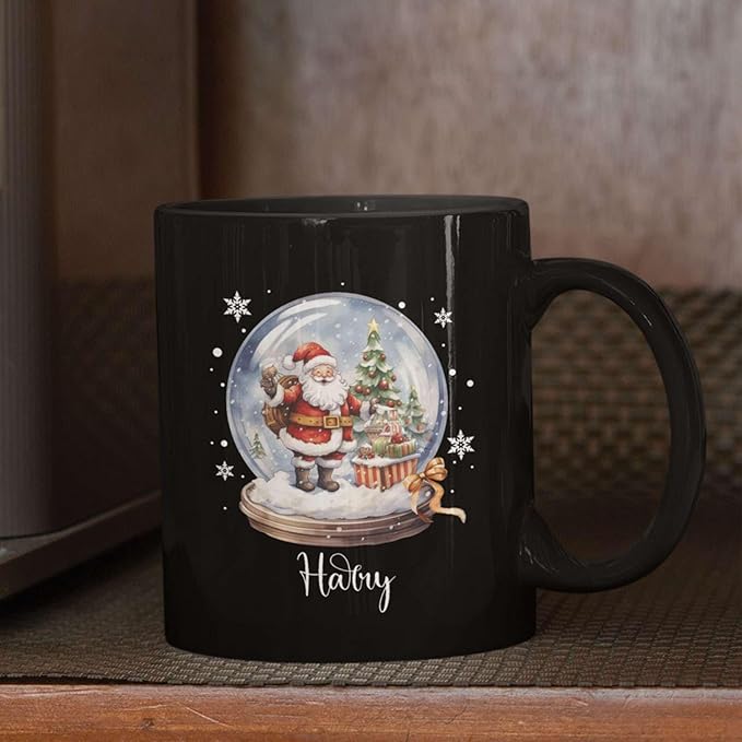 Custom Snow Ball Design Mug With Name, Personalized Black Cup 11oz 15oz, Snow Ball With Santa Claus And Christmas Tree Inside Design, Customized Christmas Themed Coffee Cup-Ruum Studio Home