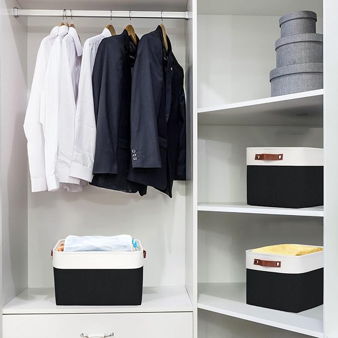 Storage Bins Large Fabric Storage Baskets for Shelves 3 Pack, Decorative Linen Closet Baskets with Handles for Organizing, Shelf, Clothes, Home, Office, 15x11x9.5Inches (Black&White)-Ruum Studio Home
