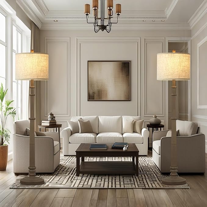 Floor Lamps for Living Room - 60" Resin Farmhouse Floor Lamp with 3 Color Temperatures - Vintage Standing Lamp Reading Light with Linen Shade Retro Tall Lamp for Bedroom Office, Grey-Ruum Studio Home