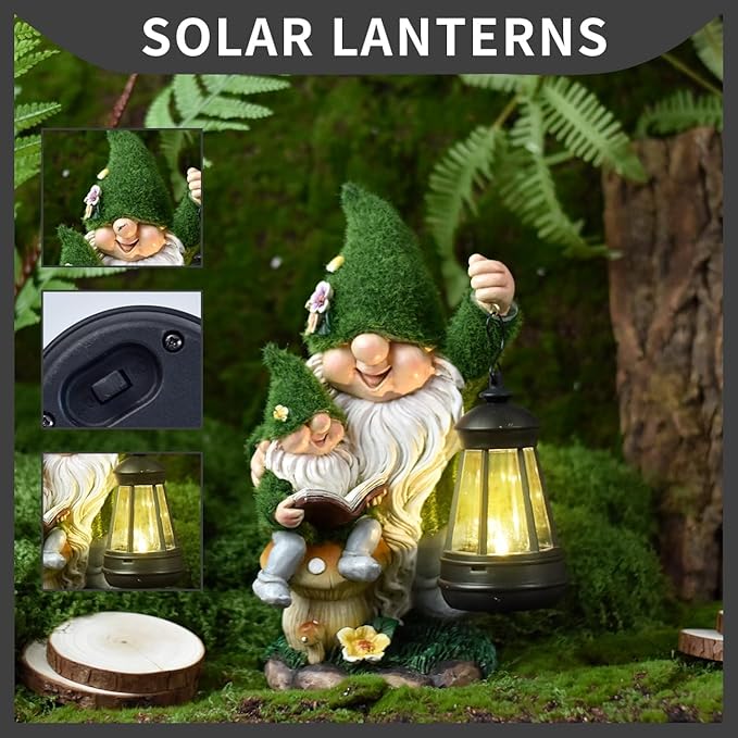 Solar Garden Gnome Statue Flocked Reading Parent & Child Gnomes with LED Light, Outdoor Waterproof Lawn Ornament Decor for Patio Lawn Yard Pathway Gift Idea for Women Mom Mothers Day-Ruum Studio Home