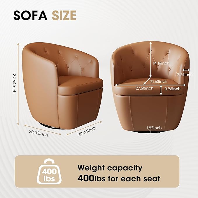 360° Swivel Leather Accent Chair, Modern Barrel Club Chair with Leather Upholstery and Sturdy Base, Comfortable Armchair for Living Room, Bedroom, Reading Nook, Brown-Ruum Studio Home