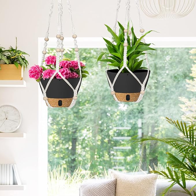 ZMTECH 2 Pack 10 Inch Hanging Planters with Macrame Plant Hanger for Indoor and Outdoor Plants, Self Watering, Drainage Hole, Visible Level Tray, Gray-Ruum Studio Home