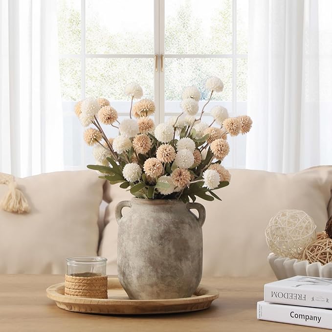 Ceramic Flower Vase Home Decor - 7.6 Inch Farmhouse Rustic Table Vases with Handle Living Room Decoration Decorative Vintage Pottery for Kitchen Shelf Coffee Dining Bookshelf Fireplace Centerpiece-Ruum Studio Home