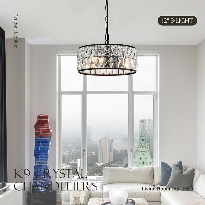 12” 3-Light Modern Crystal Chandeliers Black Dinning Room Light Fixture, Round Pendant Light Kitchen Island Chandelier, Flush Mount Ceiling Light for Living Room Entryway Bedroom Foyer-Ruum Studio Home