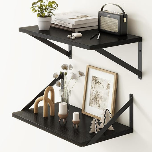 Fun Memories Black Floating Shelves 18 Inch Long, Rustic Floating Shelf with Brackets, 10 Inch Deep Wall Shelves, Black Bathroom Shelves, 18 x 10 Storage Shelf for Kitchen, Living Room, Set of 2-Ruum Studio Home