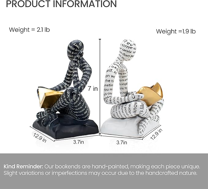 Heavy Duty Book Ends for Shelves, Thinker Decorative Bookends for Heavy Books, Unique Book Stoppers to Hold Book, Bookshelf Accessories, Modern Home Office Decor Aesthetic Black & White-Ruum Studio Home