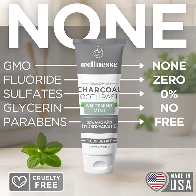 Wellnesse Activated Charcoal Whitening Toothpaste with Xylitol, Fluoride-Free Hydroxyapatite Black Charcoal Toothpaste for Adult Fresh Breath, Natural Teeth Whitening, Mint Flavor, 4 oz (Pack of 1)-Ruum Studio Home