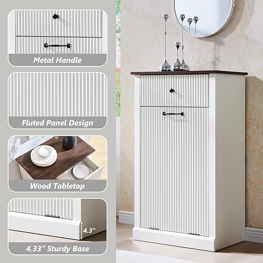 Modern Tilt-Out Trash Can Cabinet, 10 Gallon Fluted Laundry Hamper Cabinet with Drawers, Wooden Hidden Garbage Can Cabinets with Storage Basket, Free Standing for Kitchen and Living Room, White-Ruum Studio Home