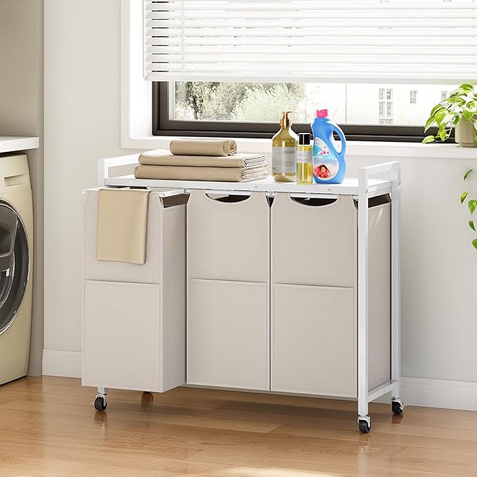 HOOBRO Laundry Sorter 3 Section, Laundry Hamper with Wheels, 3 × 11.5 Gal (43.4L), Rolling Laundry Basket, Pull-Out and Removable Oxford Fabric Bags, White WG76XY01-Ruum Studio Home