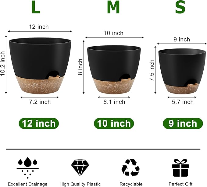 Plant Pots 12/10/9 Inch Self Watering Pots, Set of 3 Plastic Planters with Drainage Holes and Saucers,Plastic Flower Pots,Nursery Planting Pot for Indoor Out Door Plants(Black)-Ruum Studio Home