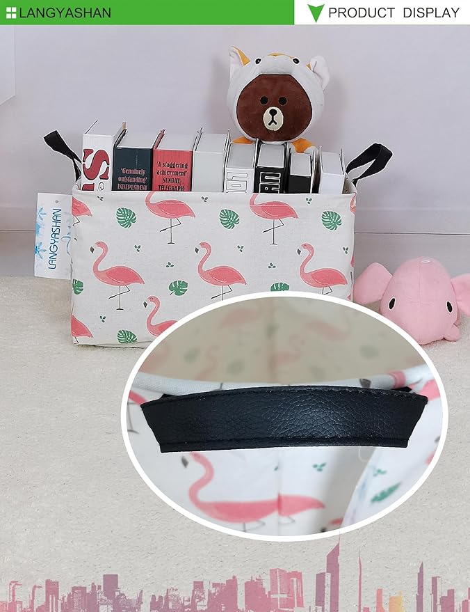 LANGYASHAN Rectangular Storage Bin Collapse Canvas Fabric Cartoon Storage Basket with Handles for Organizing Home Kitchen Boys and Girls Toys Office Closet Shelf Baskets(Rec Leaf Flamingo)-Ruum Studio Home