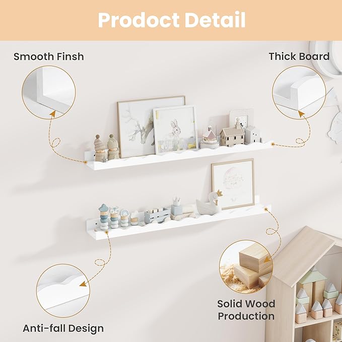 Fun Memories Picture Ledge Shelf for Wall, 36 inch Pine Wood Nursery Book Shelves Set of 2- Wall Book Shelves for Kids Room, Home Decor - Kitchen Spice-White-Ruum Studio Home