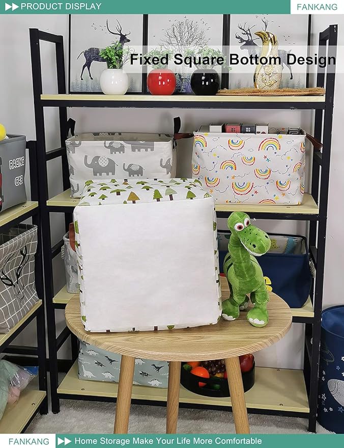 FANKANG Square Nursery Hamper Storage Bins Canvas Laundry Basket Foldable with Waterproof PE Coating Large Storage Baskets Gift Baskets for Children Office Bedroom ClothesToys (SquareGreen forest)-Ruum Studio Home