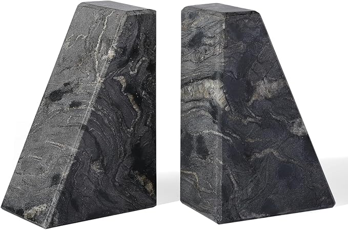 Marble Bookends for Heavy Books, Decorative Book Ends for Shelves, Titanium Black Stone Durable and Heavy-Duty Book Ends for Hardback Books & CDS, Unique Book Stopper & Holder, Set of 2-Ruum Studio Home