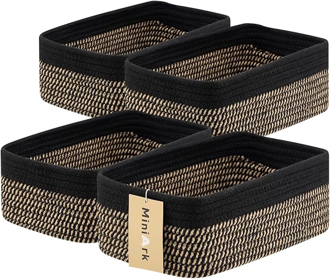 Small Storage Baskets for Organizing | Closet Organizer Bins | Shelf Toy Basket | Woven Rope Baskets | Cube Decorative Box | Shallow Basket | 11.5x7.5x4.7” | 4 Packs Black Brown-Ruum Studio Home