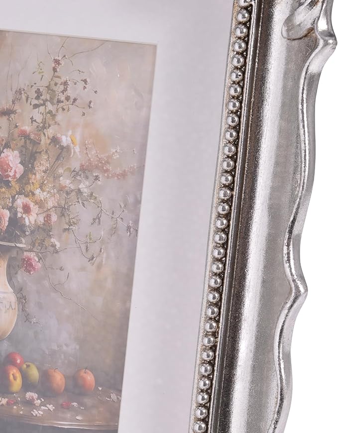 8x10 Vintage Picture Frame with Embossed Flower Design, Silver Ornate Frame for 8x10 or 5x7 Pictures with White Mat, Hand-Crafted Resin Antique Frames for Tabletop & Wall Hanging, Home Decor (Silver)-Ruum Studio Home