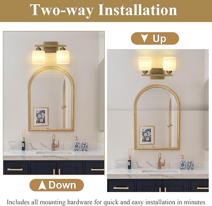 Stainless Steel Milk Glass Vanity Lights for Bathroom, 2 Light Brass Bathroom Light Fixtures Over Mirror, Ceramic E26 Sockets Wall Mounted-Ruum Studio Home