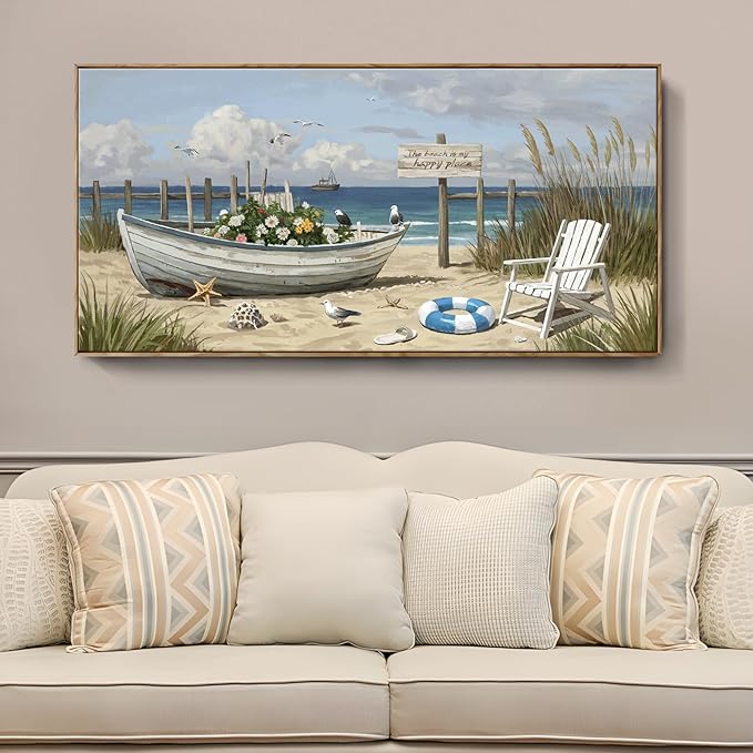 amatop Giant Framed Beach Wall Art Large Nautical Seaside Canvas Print Flower Boat Ocean Horizontal Landscape Picture Sea Birds Artwork for Coastal Farmhouse Living Room Bedroom Office Decor 58×29 Inch-Ruum Studio Home