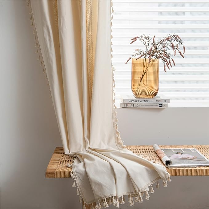 Sutuo Home Boho Curtain Crochet Dots Patchwork Semi-Blackout Bohemian Handmade Tassels, Rod Pocket Window Treatment Vintage Rustic Farmhouse Drapes for Living Bedroom, 1 Panel 59" W x 84" L, Beige-Ruum Studio Home