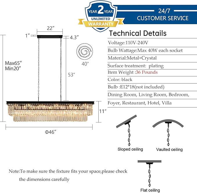 Crystal Chandeliers for Dining Room Light Fixtures Over Table，18-Lights Black Modern Rectangle Chandeliers for Kitchen Island Bar L46 Inch-Ruum Studio Home