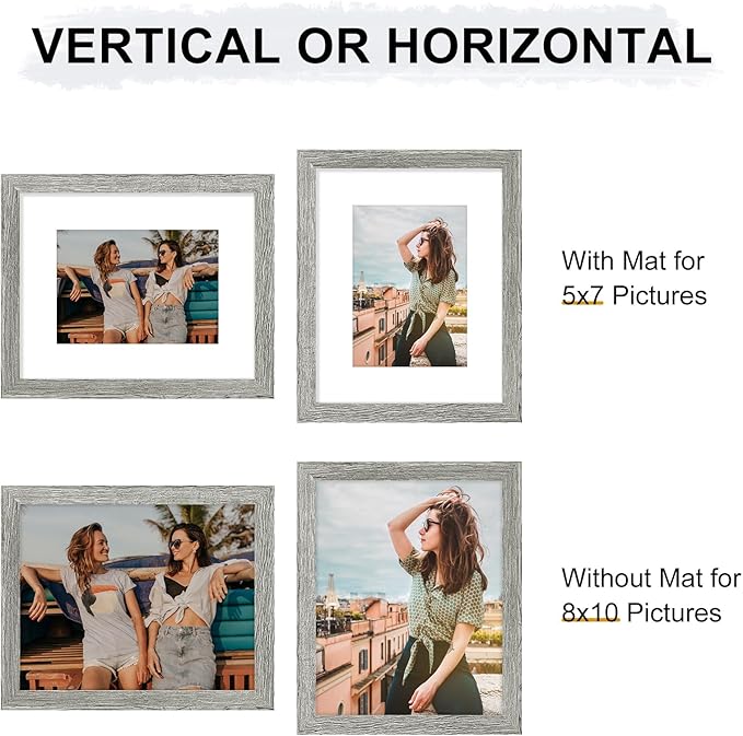 Vittanly 8x10 Picture Frames Set of 9, Shatter Resistant Plexiglass, Display 5x7 Pictures with Mat or 8x10 without Mat, Photo Frames for Wall or Tabletop, Engineered Wood, Grey-Ruum Studio Home