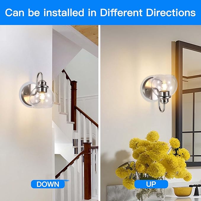 Farmhouse Gooseneck Wall Sconces Set of Two, Bathroom Brushed Nickel Vanity Light, Modern Indoor Wall Light Fixtures with Clear Glass for Bathroom Beside Mirror Living Room Hallway(Brushed Nickel)-Ruum Studio Home