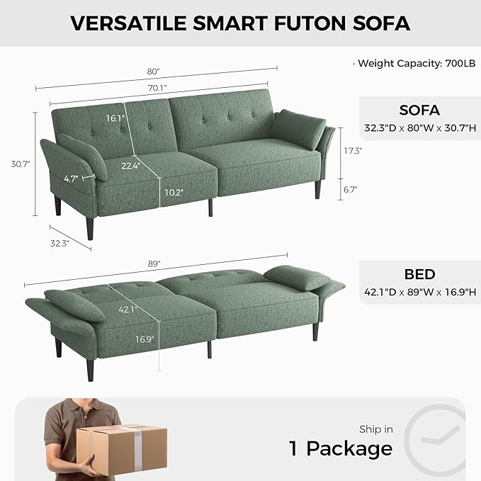 89” Futon Sofa Bed, Linen Comfy Futon Couch Bed with 2 Square Pillows, Convertible Sleeper Sofa with Adjustable Backrest& Armrests, Modern Loveseat Sleeper for Living Room, Bedroom, Green-Ruum Studio Home