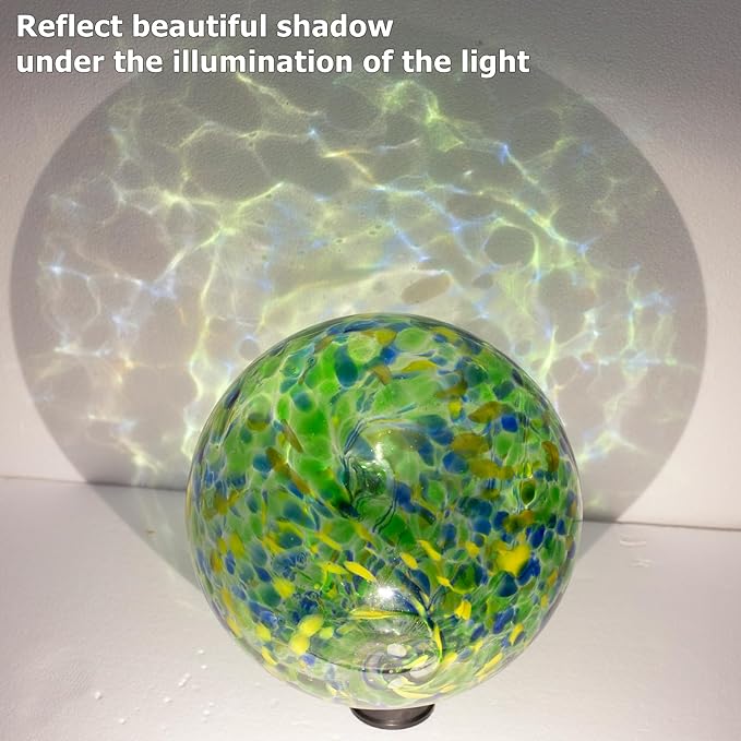 10 Inch Glass Gazing Ball, with 9.4" Tall Metal Gazing Globe Stand, Glass Balls Display Holder Set for Outdoor Garden Lawn Yard Decoration, Bright Summer Burst-Ruum Studio Home