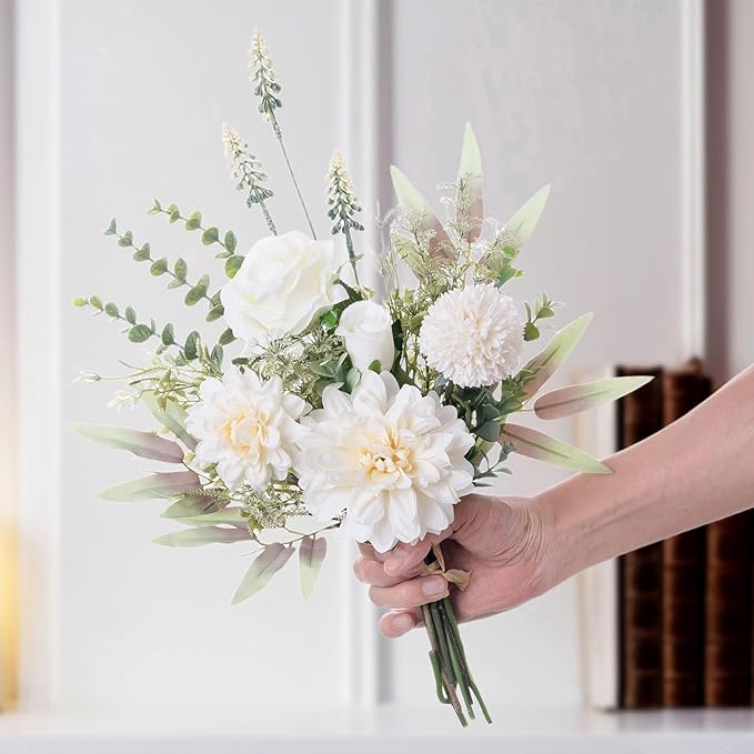 Fake Flowers in Vase, Artificial Flowers with Vase, 15.7'' Floral Arrangements for Dining Table Centerpiece Decor, Silk Roses & Faux Dahlia Bouquet for Farmfouse Kitchen Coffee Table Decor (White)-Ruum Studio Home
