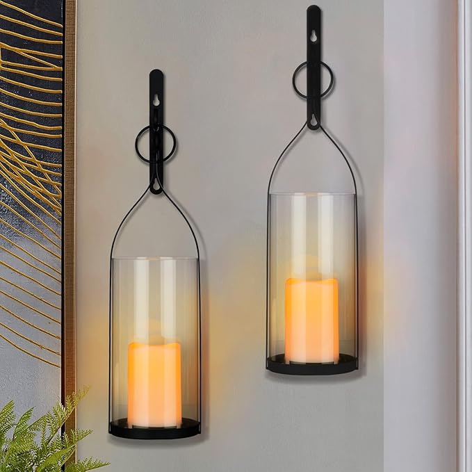 Metal Wall Sconce Candle Lantern Set of 2 - Black Wall Mounted Hanging Holder with Glass & Candles Vintage Wall Decor for Porch, Living Room, Dining Room, Bedroom Indoor Decor-Ruum Studio Home