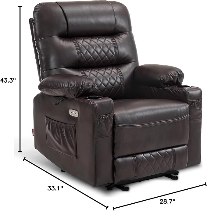 MCombo Zero Gravity Power Recliner Chair with Heat and Vibration Massage, Reclining Chair with USB Ports, Cup Holders for Living Room, Faux Leather PR621 (Brown)-Ruum Studio Home