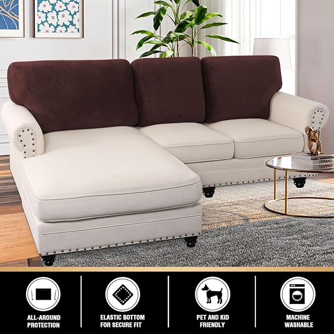 PrinceDeco Sectional Couch Covers Velvet Cushion Covers for Sectional Couch Cushion Covers for Sectional Sofa Separate Sectional Sofa Slipcovers Washable(1 Chaise Back+ 2 Sofa Back,Brown)-Ruum Studio Home