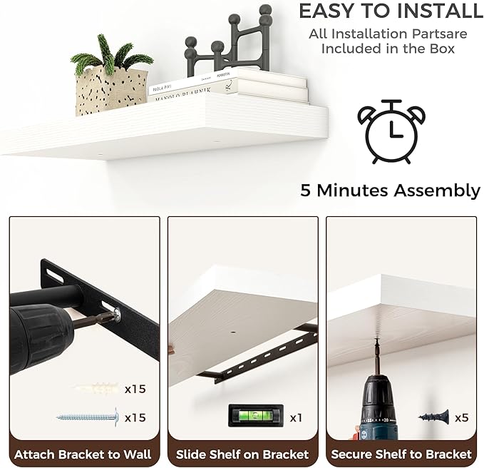 Floating Shelves - 2 Large Wall Mounted Shelves with Invisible Brackets, Long Wood Floating Wall Shelf for Living Room, Bedroom, Kitchen (White, 24" W x 9" D x 1.5" H)-Ruum Studio Home