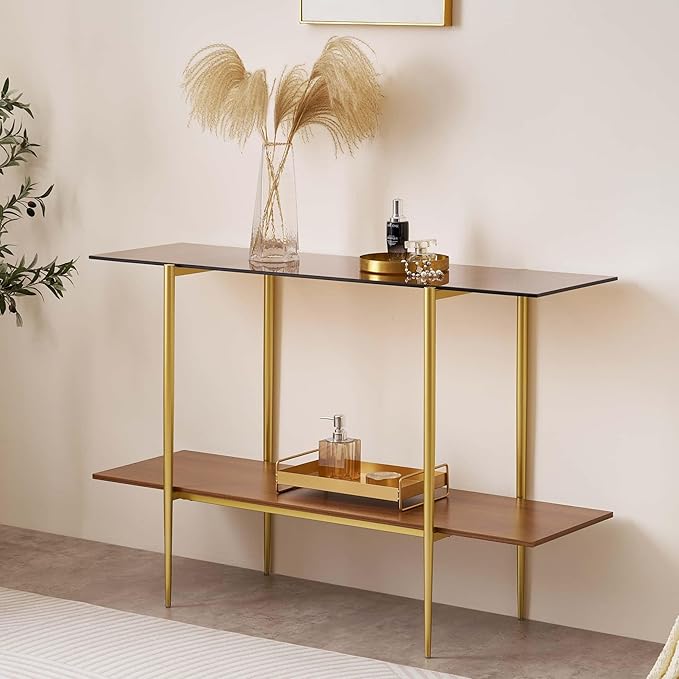 Extra Large Glass Console Table for Living Room, Foyer & Entrance, L47 x W16 x H31, Mid-Century Modern Sofa Table with Amber Glass Top, Walnut Finish Wood Top and Gold Finish Metal Frame-Ruum Studio Home