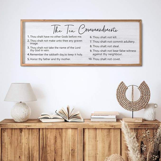 The Ten Commandments Rustic Bible Verse Framed Wall Art, 40''×15'' Positive Religious Christian Saying Sign for God Jesus Christ Prayer, Vintage Horizontal Holy Inspirational Catholic Scripture Decor-Ruum Studio Home