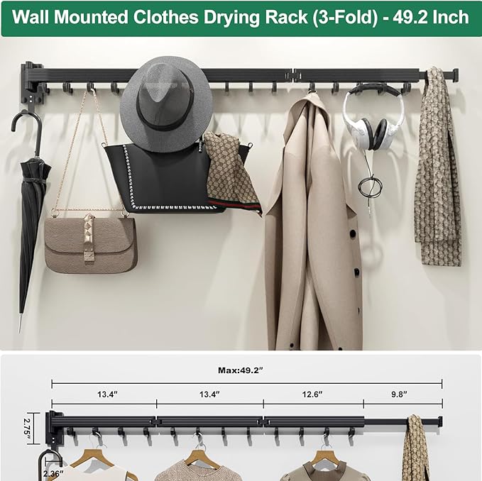 Wall Mount Clothes Drying Rack, Wall Mounted Drying Rack, Upgraded 3-Fold & Sturdy Laundry Drying Rack with 12 Dual-Side Hooks Space Saver for Laundry Room, Apartment, Dorms - Black-Ruum Studio Home