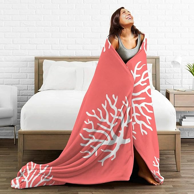 HGOD DESIGNS Beach Coral Fleece Throw Blanket Soft Cozy Coral Fuzzy Blanket Caring for Women & Adults Ocean Coral Pink Branch Reef Nature Red White Plush Microfiber Blanket 50"x60"-Ruum Studio Home