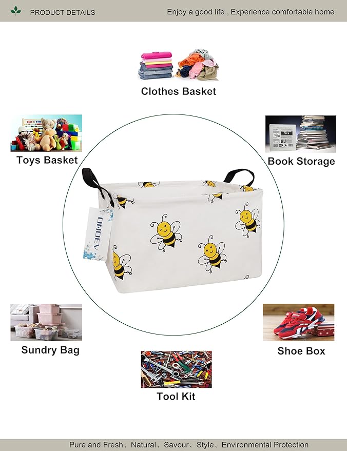Rectangular Folding Laundry Basket, waterproof Canvas Basket,gift basket,Suitable for children's room,Office,Clothes,Toys Storage(Bee)-Ruum Studio Home
