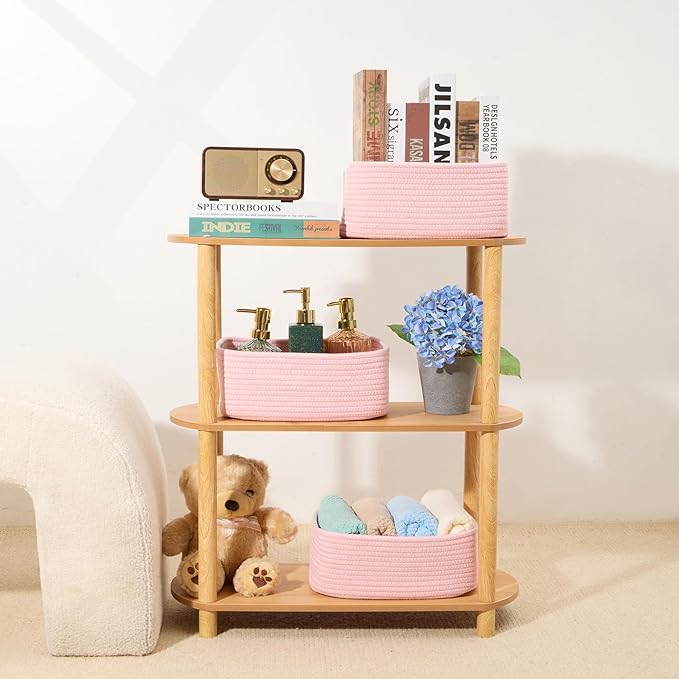 Small Storage Baskets for Organizing | Closet Organizer Bins | Shelf Toy Basket | Woven Rope Baskets | Cube Decorative Box | Shallow Basket | 11.5x7.5x4.7” | 3 Packs Light Pink-Ruum Studio Home