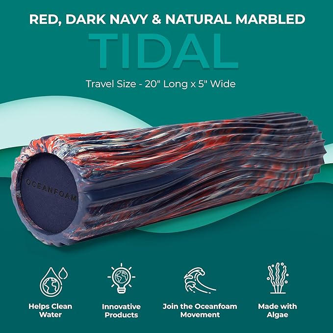 Oceanfoam Tidal Roller - Red, Dark Navy & Natural Marbled - Muscle Massage Foam Roller for Back Pain & Stretching - Firm & Ergonomic Wide Wave Textured - Yoga, Athletics, Wellness - Full Size 20" x 5"-Ruum Studio Home